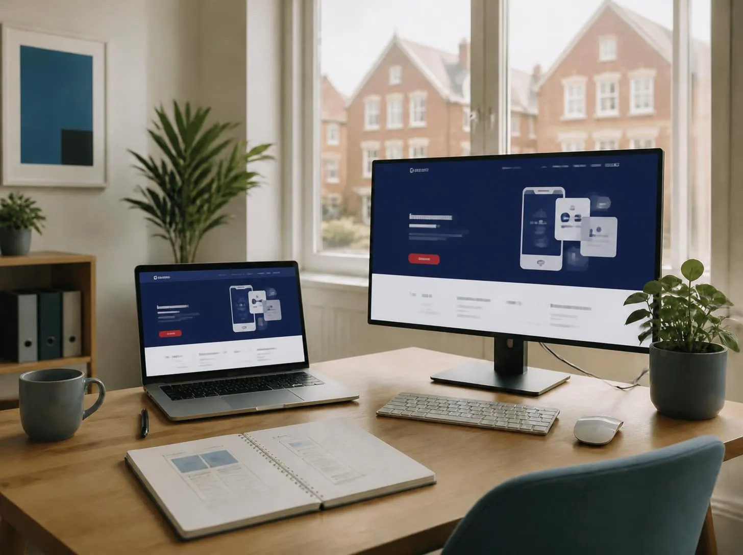 Arbeitsplatz der Agentur mit Laptop und Monitor, auf denen eine Website zu sehen ist Arbeitsplatz der Agentur mit Laptop und Monitor, auf denen eine Website zu sehen ist
