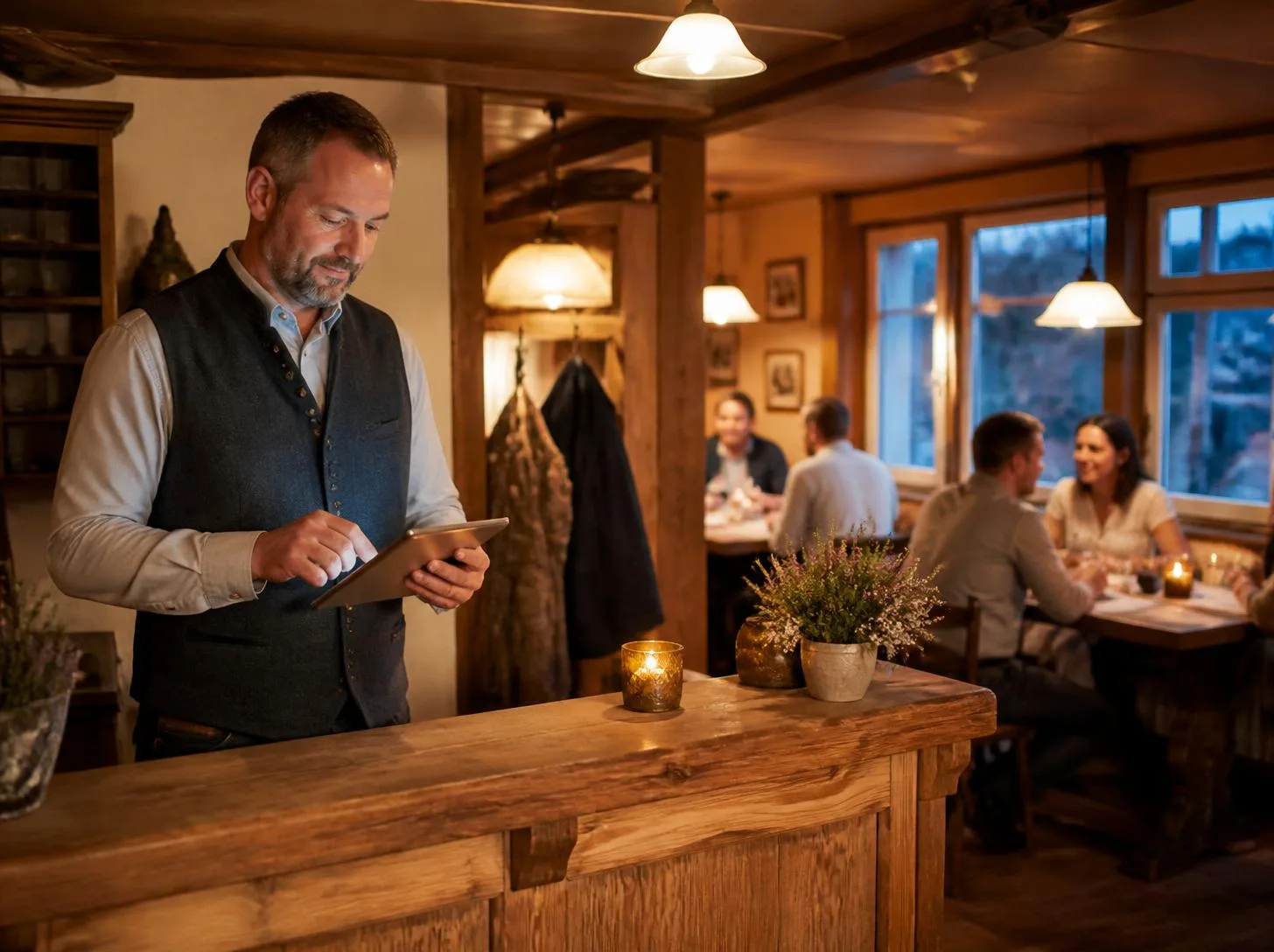 Gastgeber eines Landgasthofs in der Heide prüft Tischreservierungen auf dem Tablet, Gäste im Hintergrund