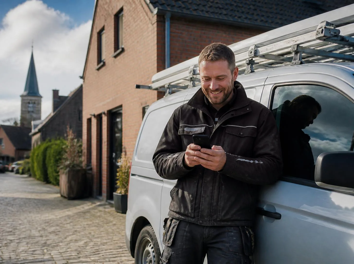 Handwerker vor seinem Firmenwagen prüft neue Anfragen auf dem Smartphone Handwerker vor seinem Firmenwagen prüft neue Anfragen auf dem Smartphone
