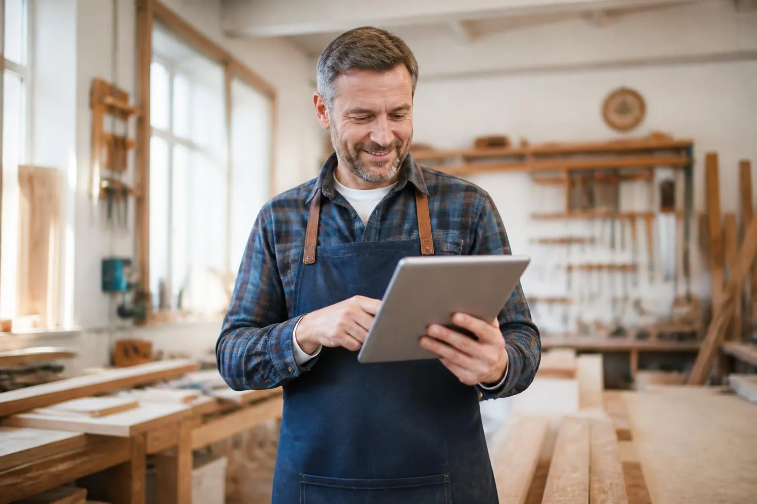 Tischlermeister in seiner Werkstatt prüft auf dem Tablet neue Online-Terminbuchungen Tischlermeister in seiner Werkstatt prüft auf dem Tablet neue Online-Terminbuchungen