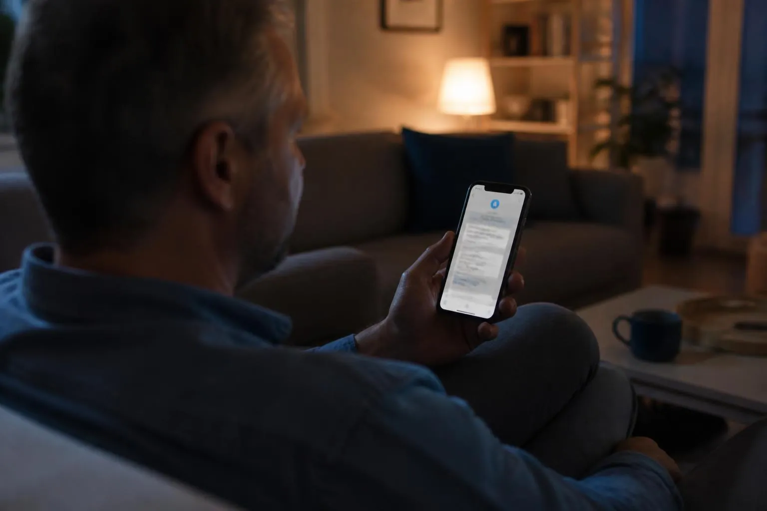 Mann fragt abends auf dem Sofa einen KI-Assistenten auf dem Smartphone nach einem Betrieb in der Nähe