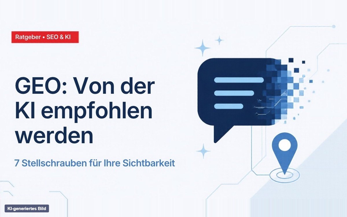 Grafik: Chat-Sprechblase und Standort-Pin zur KI-Sichtbarkeit (GEO)