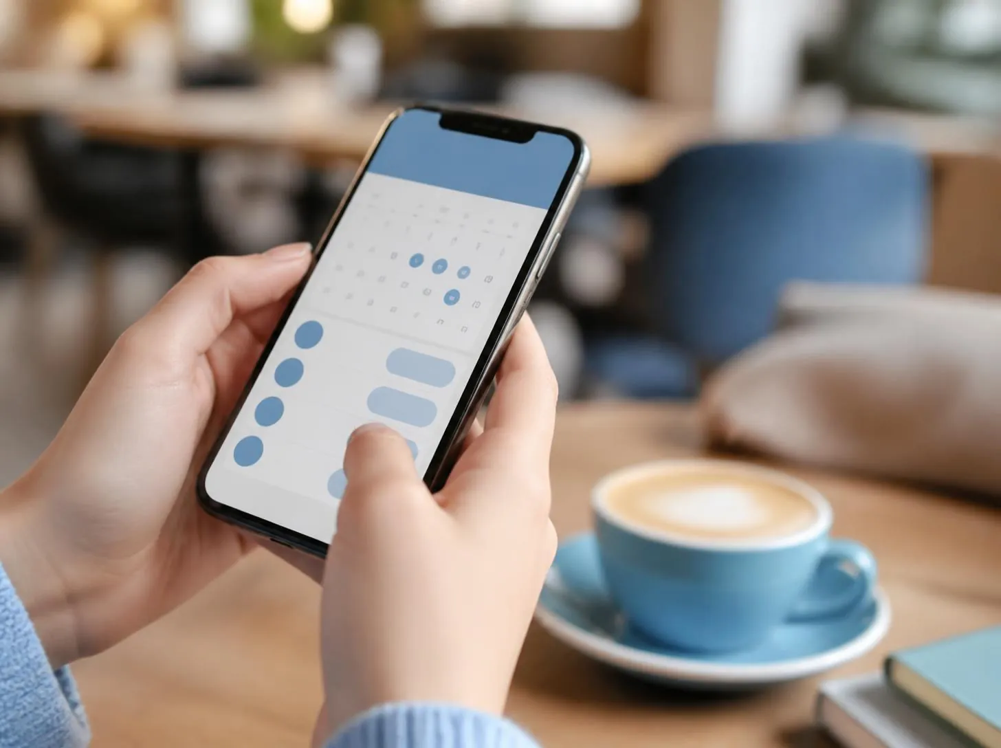 Kundin bucht im Café über das Smartphone einen Termin Kundin bucht im Café über das Smartphone einen Termin