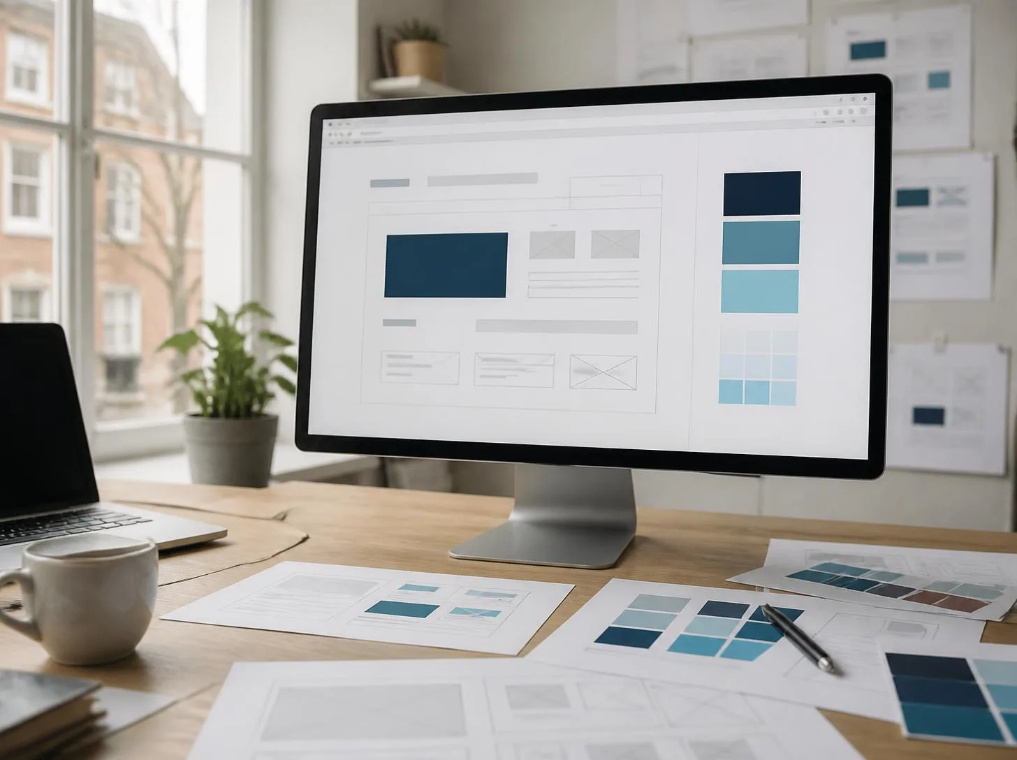 Schreibtisch im Designstudio mit Website-Entwurf und Farbmustern in Blautönen auf dem Monitor Schreibtisch im Designstudio mit Website-Entwurf und Farbmustern in Blautönen auf dem Monitor